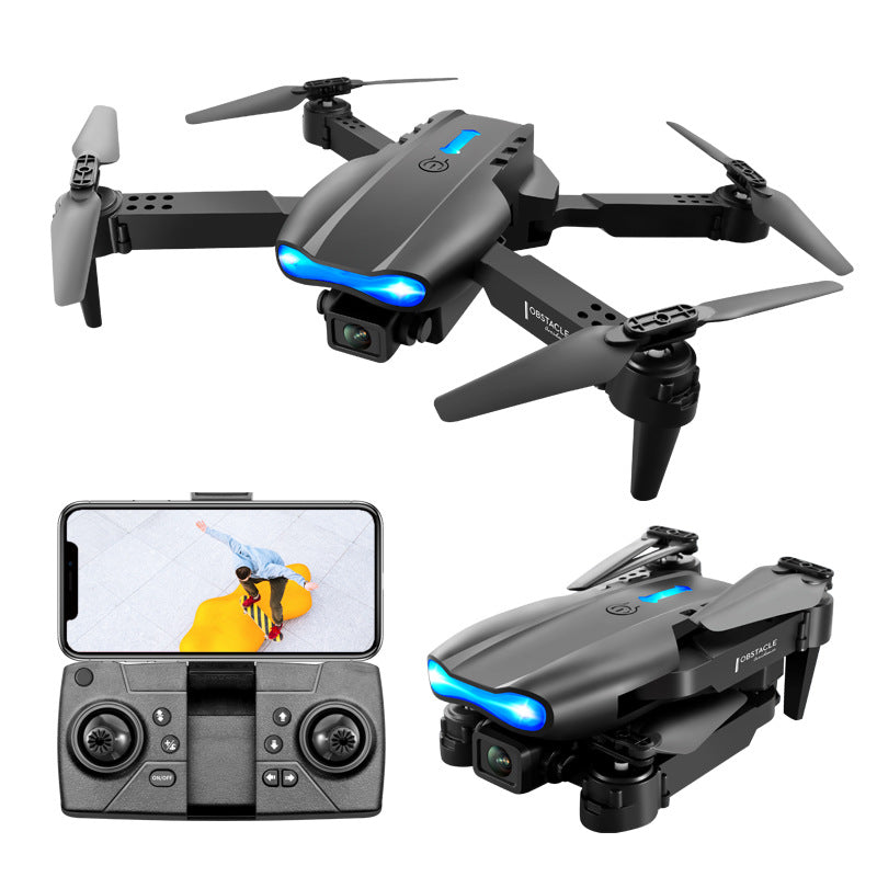 Drone pieghevole con telecamere 4K duali e controllo via smartphone; evita ostacoli su tre lati.