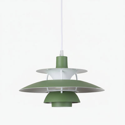 Lampadario a sospensione in alluminio verde con dischi bianchi, design modulare, ideale per soggiorno o camera da letto