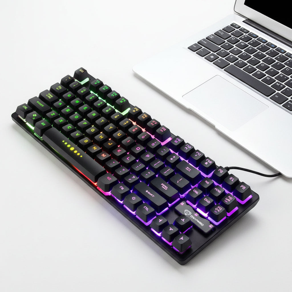 Tastiera meccanica da gaming RGB con 87 tasti, retroilluminazione a sette colori, USB cablata, abbinata a laptop