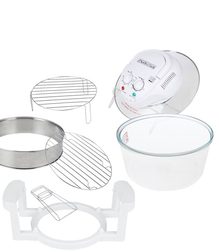 Forno ad aria con vetro, capacità 12L/17L, 3in1/4in1/8in1, accessori: griglie metalliche, anello in metallo, ciotola in vetro.