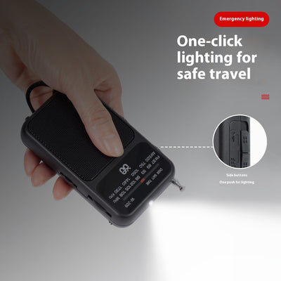 Radio portatile a doppia alimentazione con torcia LED e pulsanti laterali, FM/AM.
