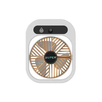 Ventilatore nebulizzatore USB ricaricabile bianco e oro, 3 velocità e funzione umidificazione 2 in 1 per rinfrescare e idratare l'aria.