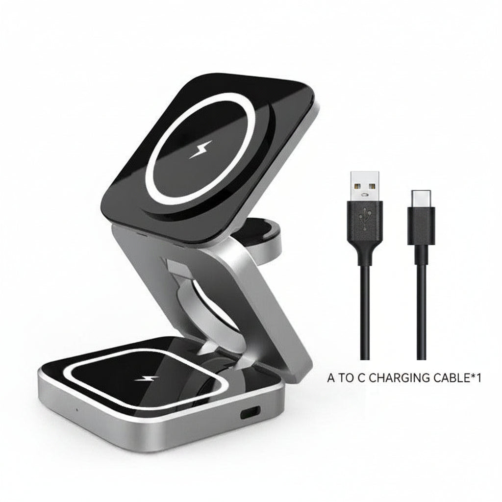 Stazione ricarica wireless 3-in-1 pieghevole e magnetica per telefoni, auricolari e orologi, cavo USB-C incluso, argento.