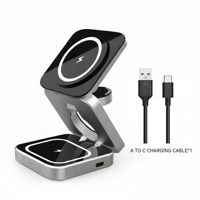Stazione ricarica wireless 3-in-1 pieghevole e magnetica per telefoni, auricolari e orologi, cavo USB-C incluso, argento.