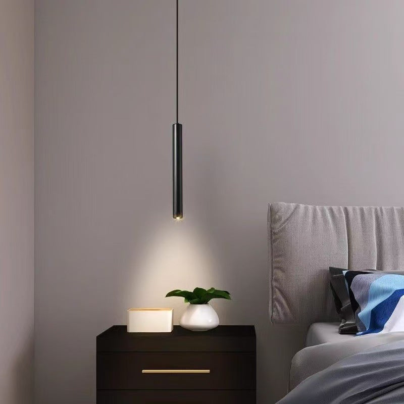 Pendente lineare cilindrico a LED, sospeso, stile moderno minimalista, illuminazione camera da letto con comodino.