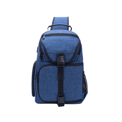 Borsa per fotocamera in nylon impermeabile blu, 25x15x36 cm, porta fotocamera, obiettivi, treppiede, accessori e tablet.