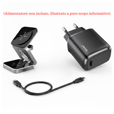 Stazione di ricarica wireless 3-in-1 pieghevole magnetica, compatibile con smartphone, auricolari e orologi, colore Argento