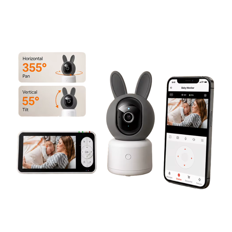 Baby monitor wireless con fotocamera 1080P forma coniglio, schermo 5 pollici e app per monitoraggio bambini, rotazione 355 gradi.