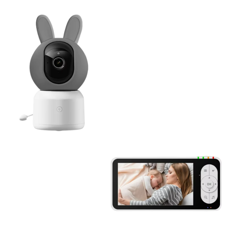Baby monitor wireless con fotocamera grigia a forma di coniglio e schermo portatile 5 pollici per sicurezza bambini.