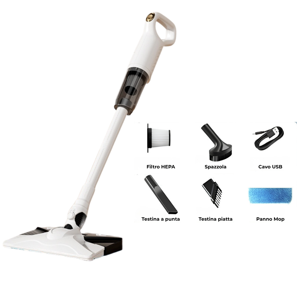Aspirapolvere portatile ricaricabile bianco senza fili, antiacaro, accessori inclusi.