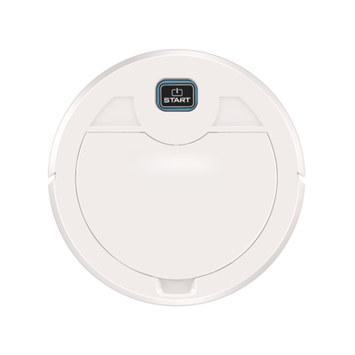 Robot aspirapolvere rotondo bianco con pulsante Start, design slim per pavimenti e tappeti.