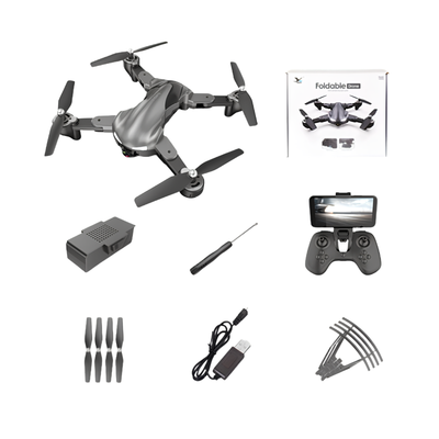 Drone HD 4K quattro assi nero/grigio con telecomando e smartphone; batteria 7.4V 1450mAh, raggio 300-500 m
