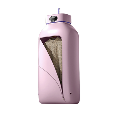 Asciugatrice pieghevole portatile, cubo in ABS rosa viola con zip aperta che mostra abiti.