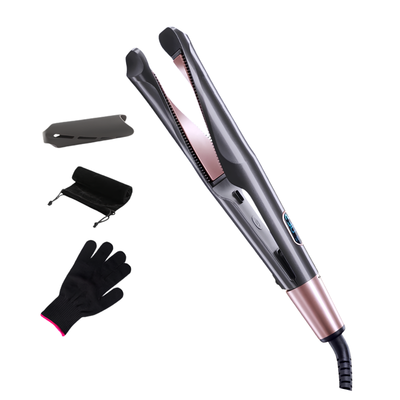 Piastra 2 in 1 per capelli lisci e ricci in ceramica tourmalina, anti‑static, con guanto e accessori.