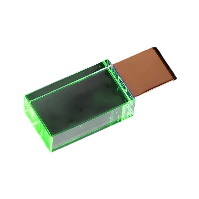 Chiavetta USB in cristallo verde, corpo trasparente e connettore brunito