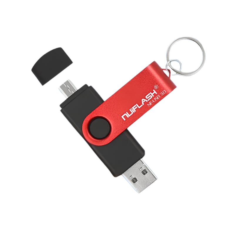 Chiavetta USB OTG rossa con corpo nero, USB 3.0, anello porta chiavi