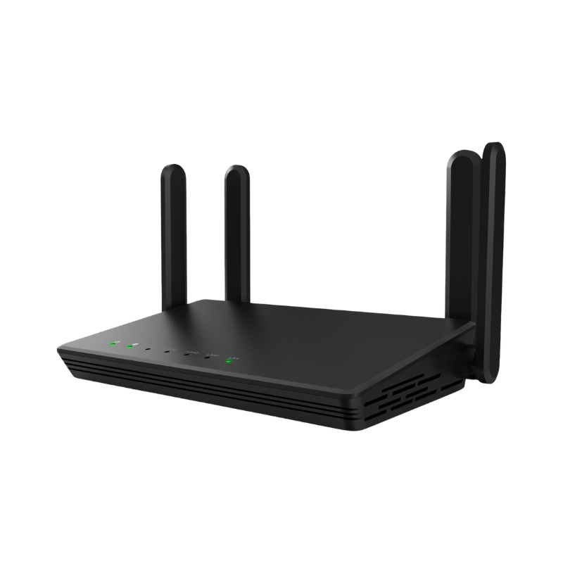 Router wireless ad alta velocità 300 Mbps, nero, con quattro antenne, dimensioni 26x6x6 cm.