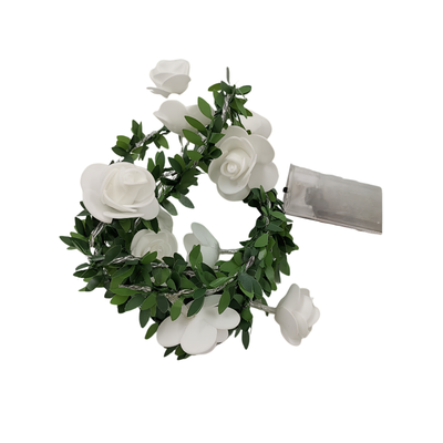 Ghirlanda luminosa con rose bianche e foglie verdi, luci LED calde alimentate a batteria (non inclusa)