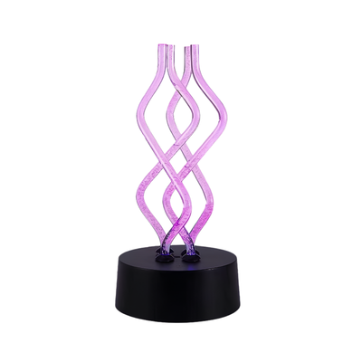 Lampada da tavolo in acrilico con torsioni, LED viola su base nera, effetto danza e 7 colori.