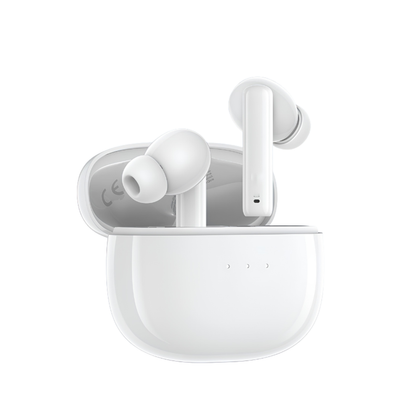 Auricolari Bluetooth con cancellazione attiva del rumore, bianco, custodia bianca in plastica.