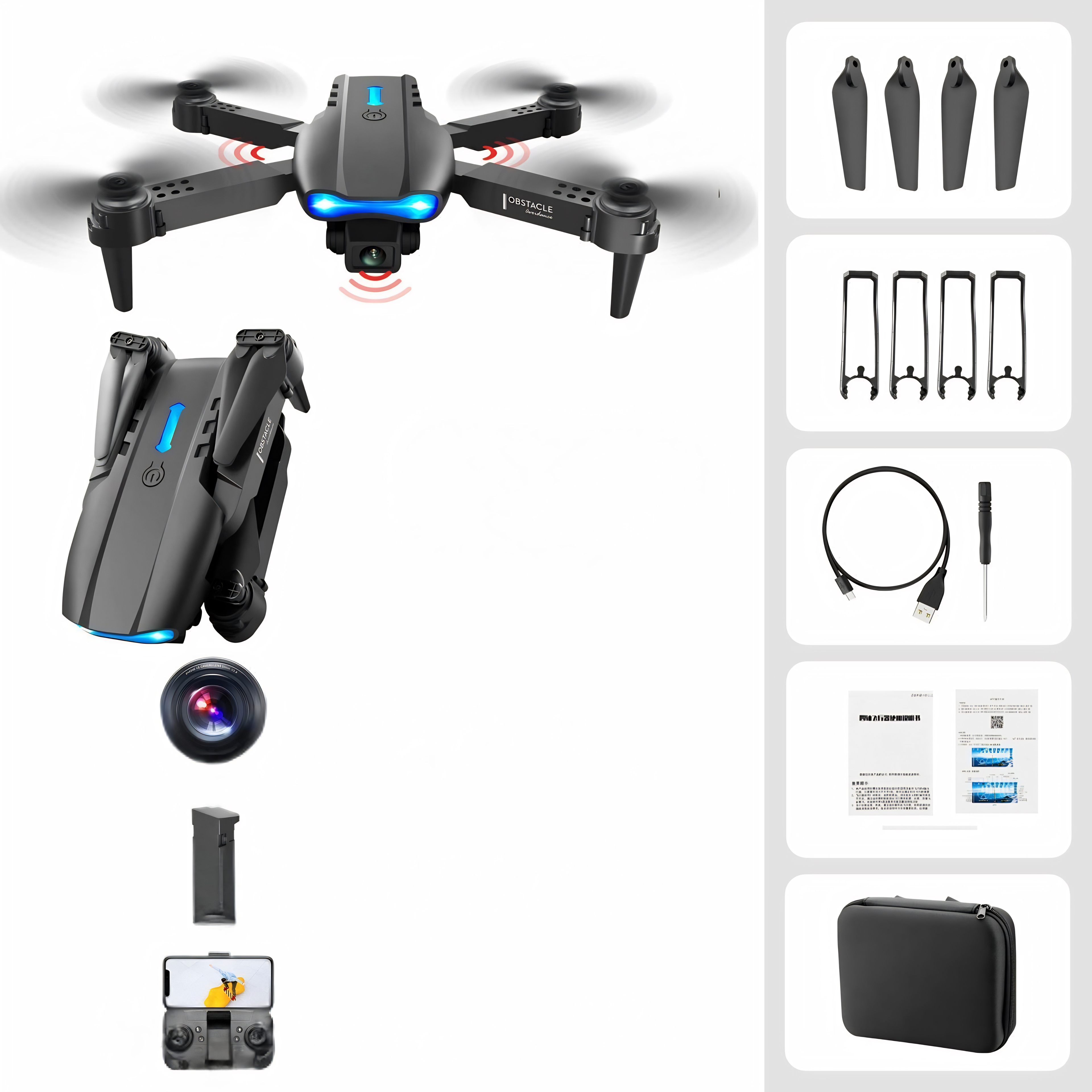 Drone con telecamere 4K dual, controllo smartphone, rilevamento ostacoli su tre lati, hovering intelligente