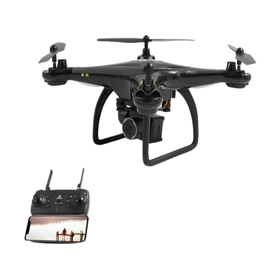 Drone 5G con telecamera ESC, batteria a lunga durata, controllo remoto e smartphone in primo piano.