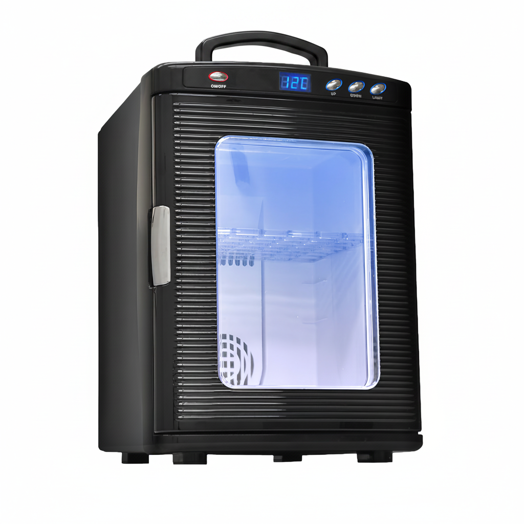 Mini frigorifero auto: raffredda e riscalda, ABS nero, DC12V/AC220V, 36–60W, 50/60Hz, porta blu