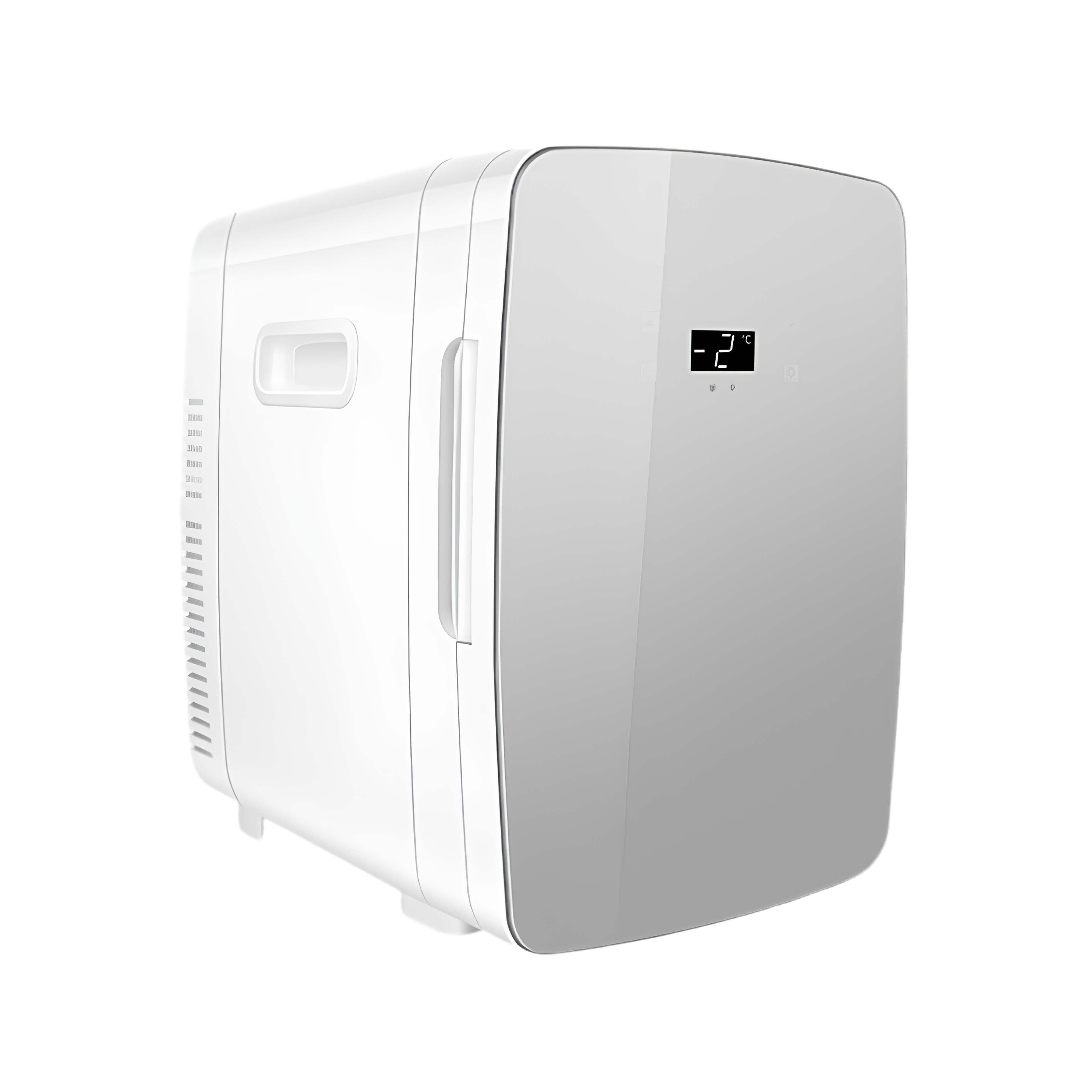 Frigorifero auto portatile da 15L con display digitale frontale, alimentazione 12V, colori champagne o argento.