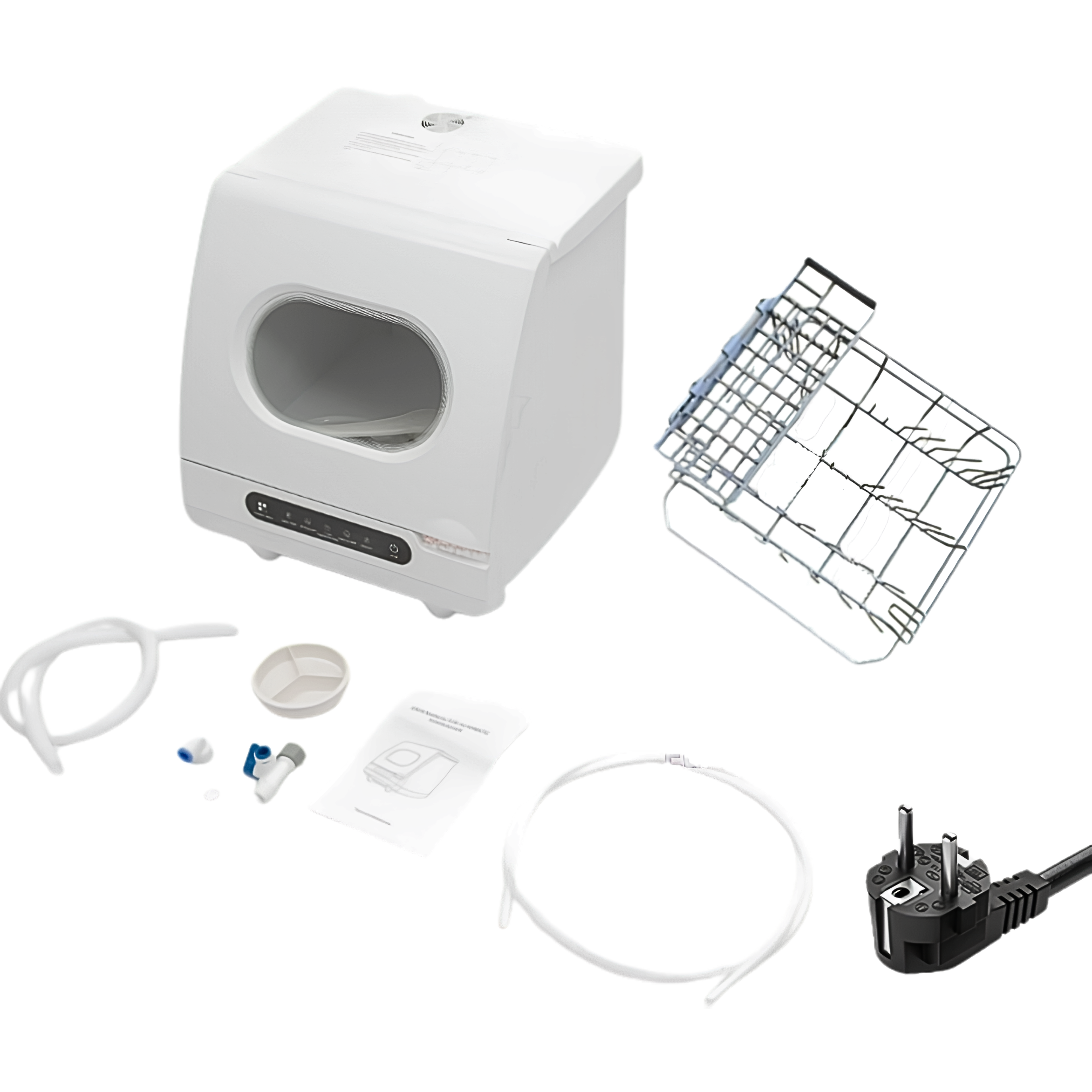 Lavastoviglie da tavolo bianca, disinfezione e asciugatura automatiche, accessori e cestelli visibili.
