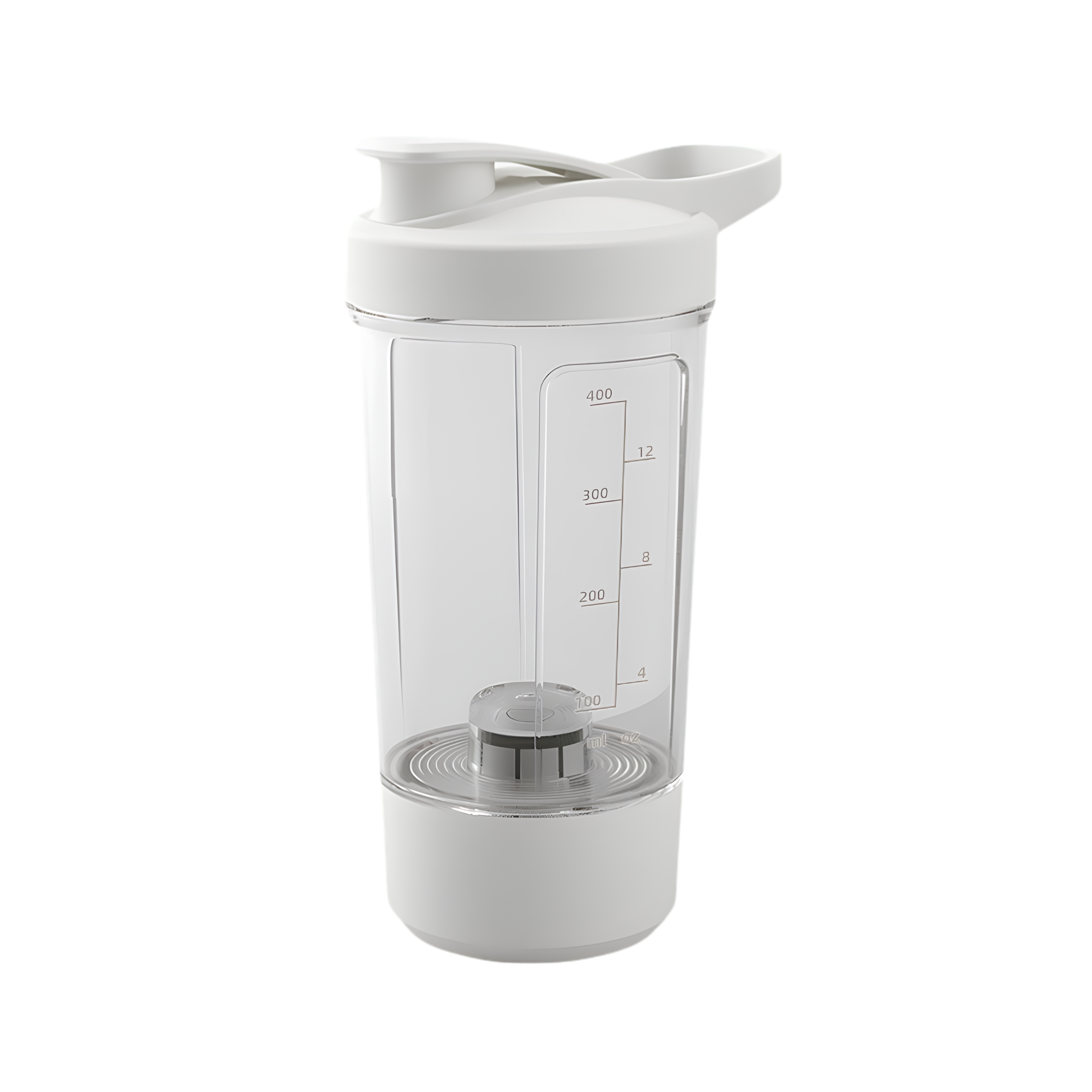 Shaker elettrico da 400 ml bianco, per proteine, coperchio apribile, graduazioni laterali