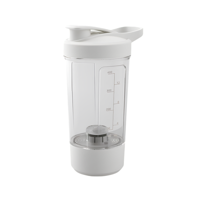 Shaker elettrico da 400 ml bianco, per proteine, coperchio apribile, graduazioni laterali