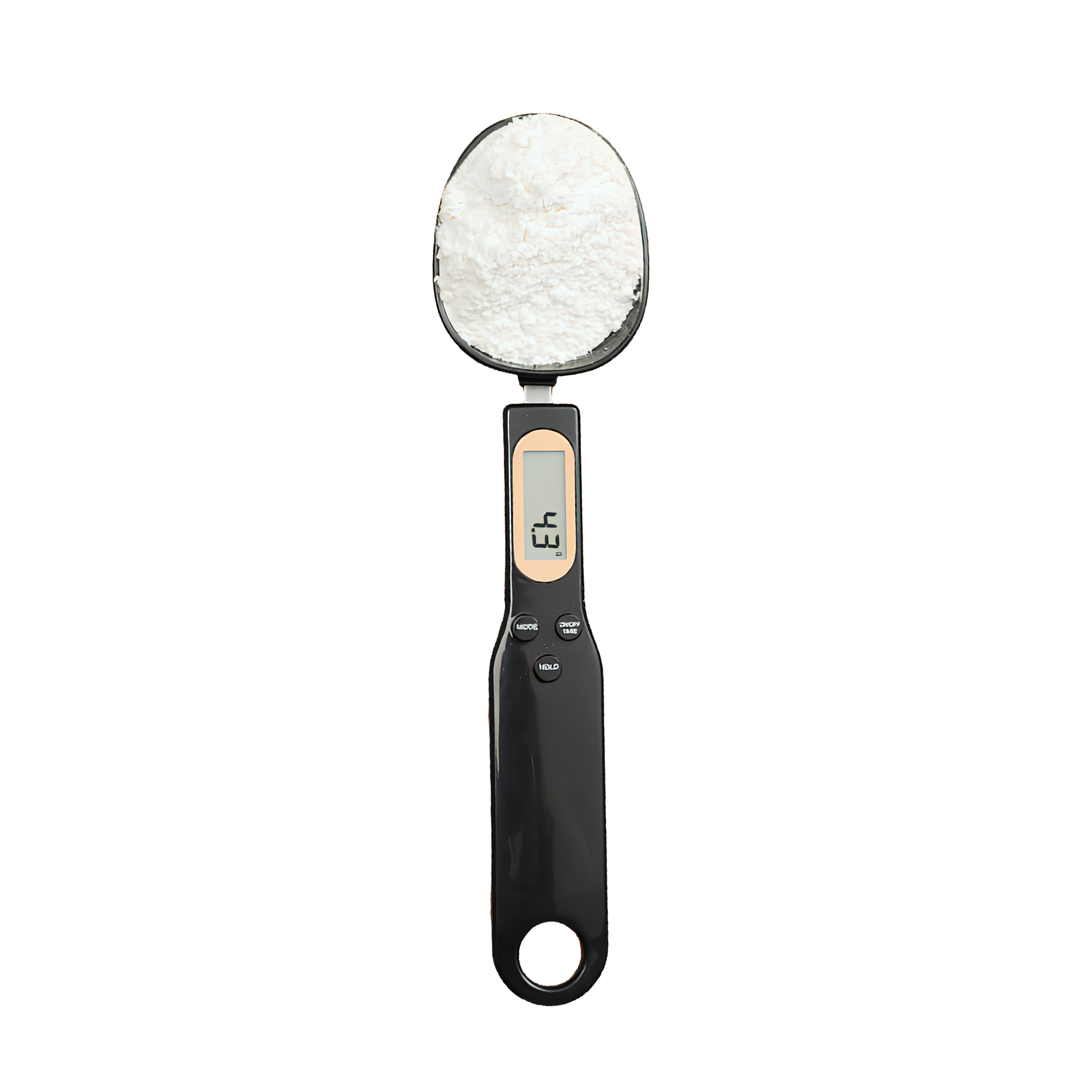 Bilancia da cucina elettronica con display LCD, piatto rotondo pieno di polvere bianca.