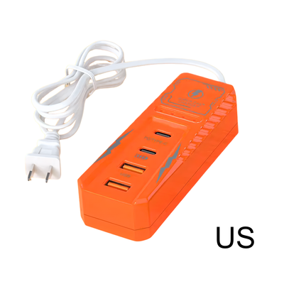 Multipresa arancione con quattro porte USB e spina EU/US/UK, cavo bianco per ricarica rapida