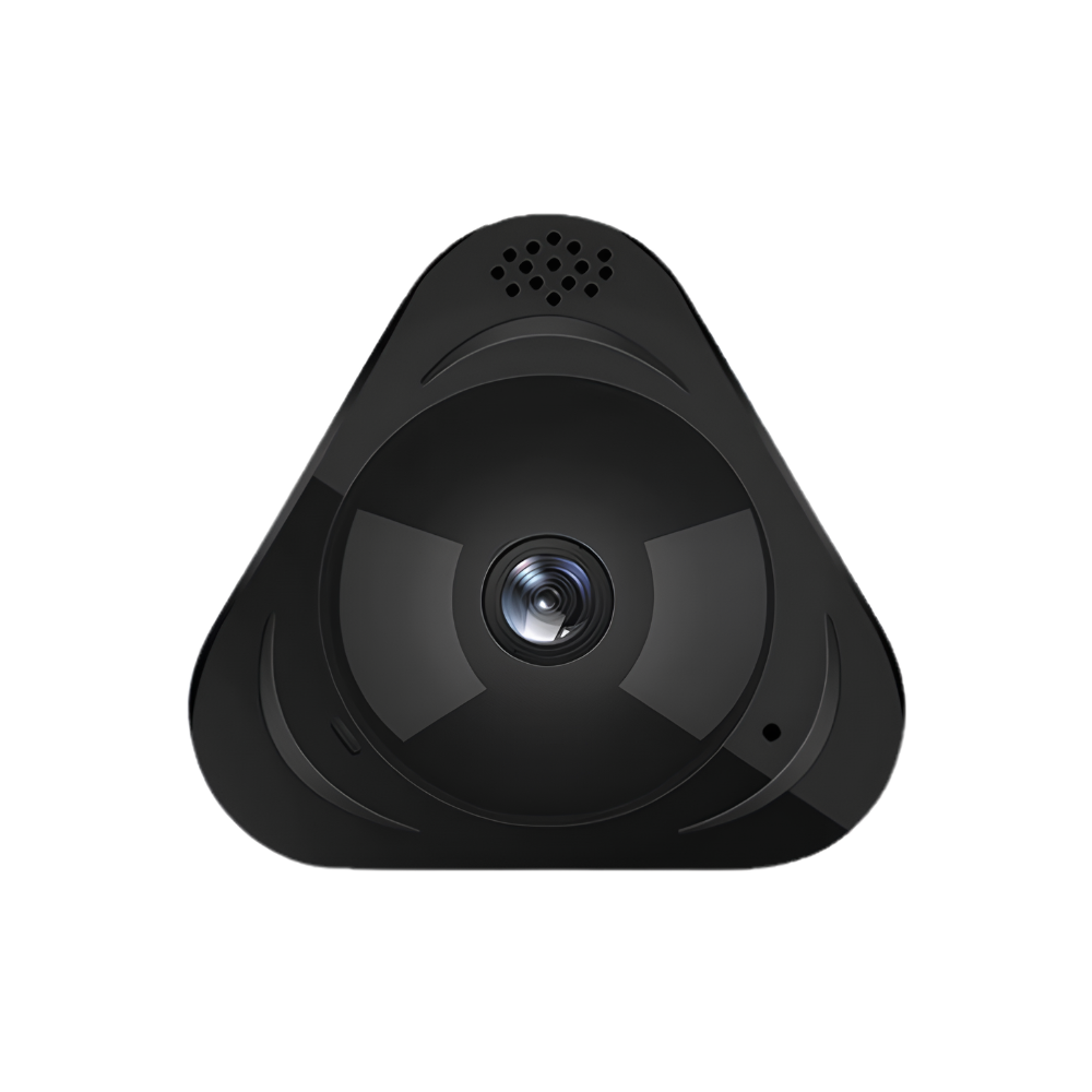 Telecamera di sicurezza domestica 3D panoramica a forma di saucer nera con lente centrale.