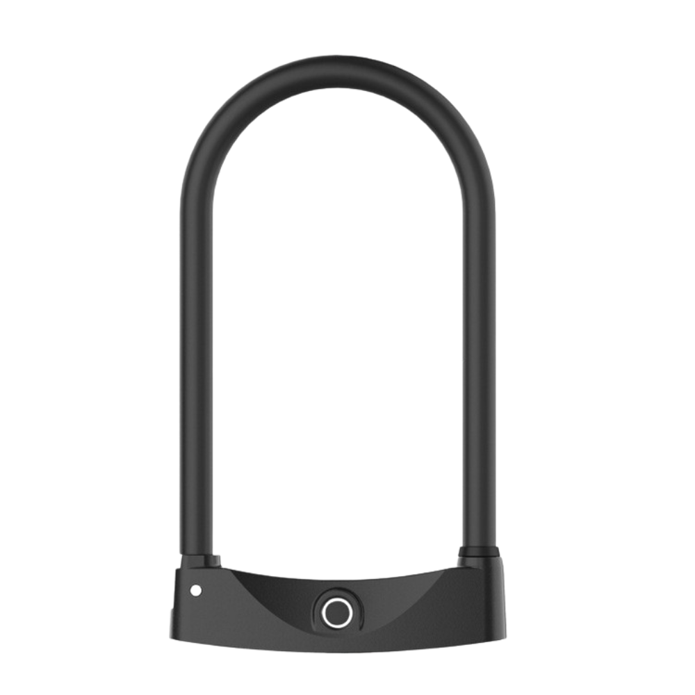 Lucchetto smart per bicicletta con impronta: corpo zinco, asta acciaio, nero, 710 g, ricarica 5V/1A.