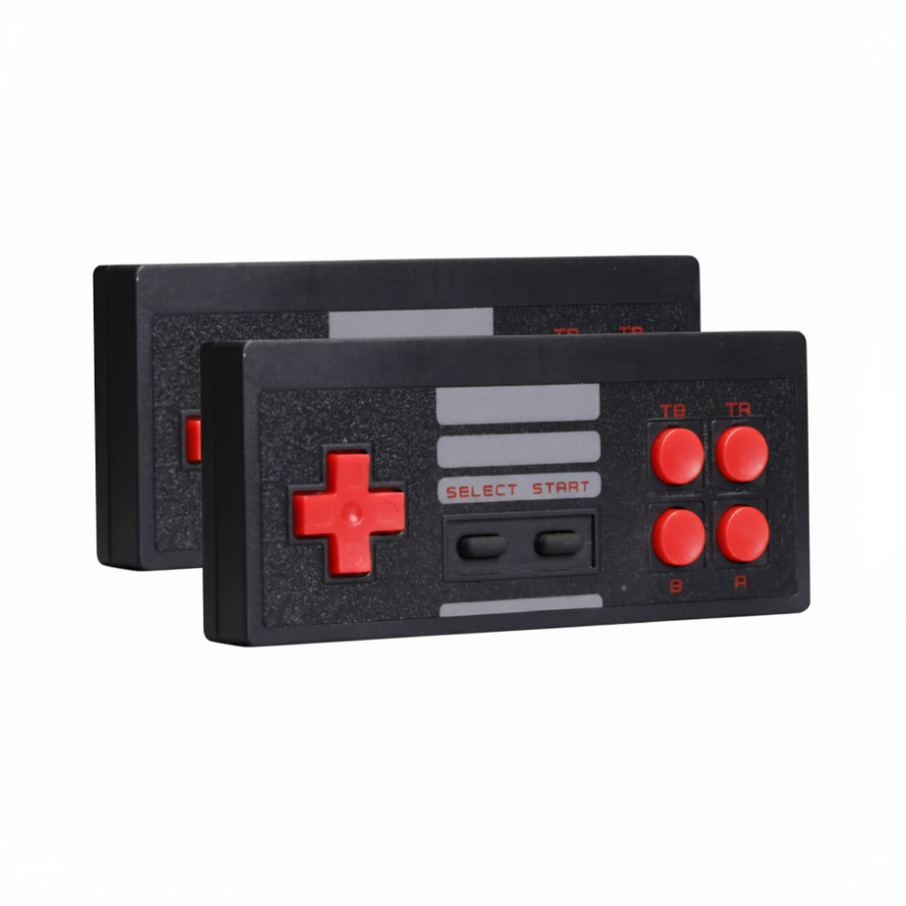 Due controller, neri con pulsanti rossi, per console TV integrata 620 Bluetooth con manico mini RPG.