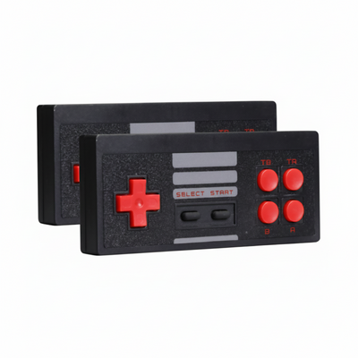 Due controller, neri con pulsanti rossi, per console TV integrata 620 Bluetooth con manico mini RPG.