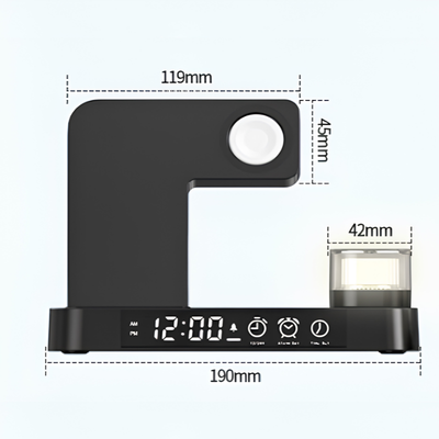 Stazione di ricarica wireless 4 in 1 con orologio sveglia, supporto pieghevole e luce notturna RGB, misure illustrate.