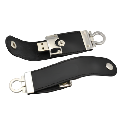 Chiavetta USB 2.0 in ecopelle nera con anello metallico e clip, stile creativo