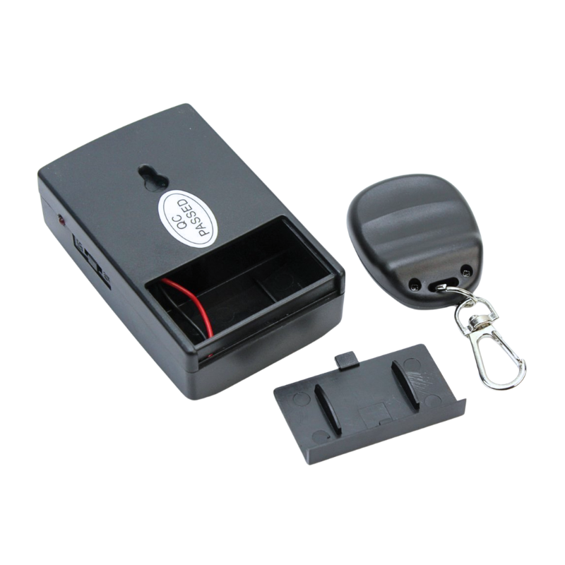 Allarme a vibrazione wireless da 120 dB, controllo remoto, corpo nero con vano batteria aperto.