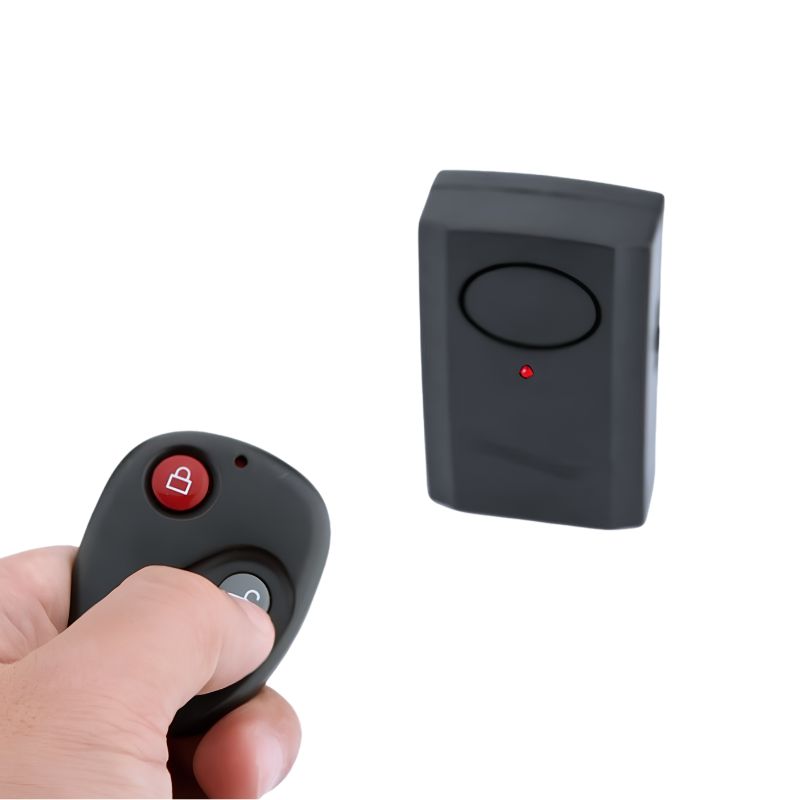 Allarme vibrante wireless da 120 dB con telecomando nero e ricevitore.