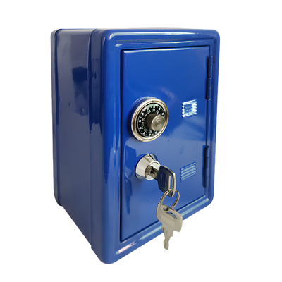 Cassaforte mini in metallo azzurro 18x12x10 cm, salvadanaio con combinazione e chiave
