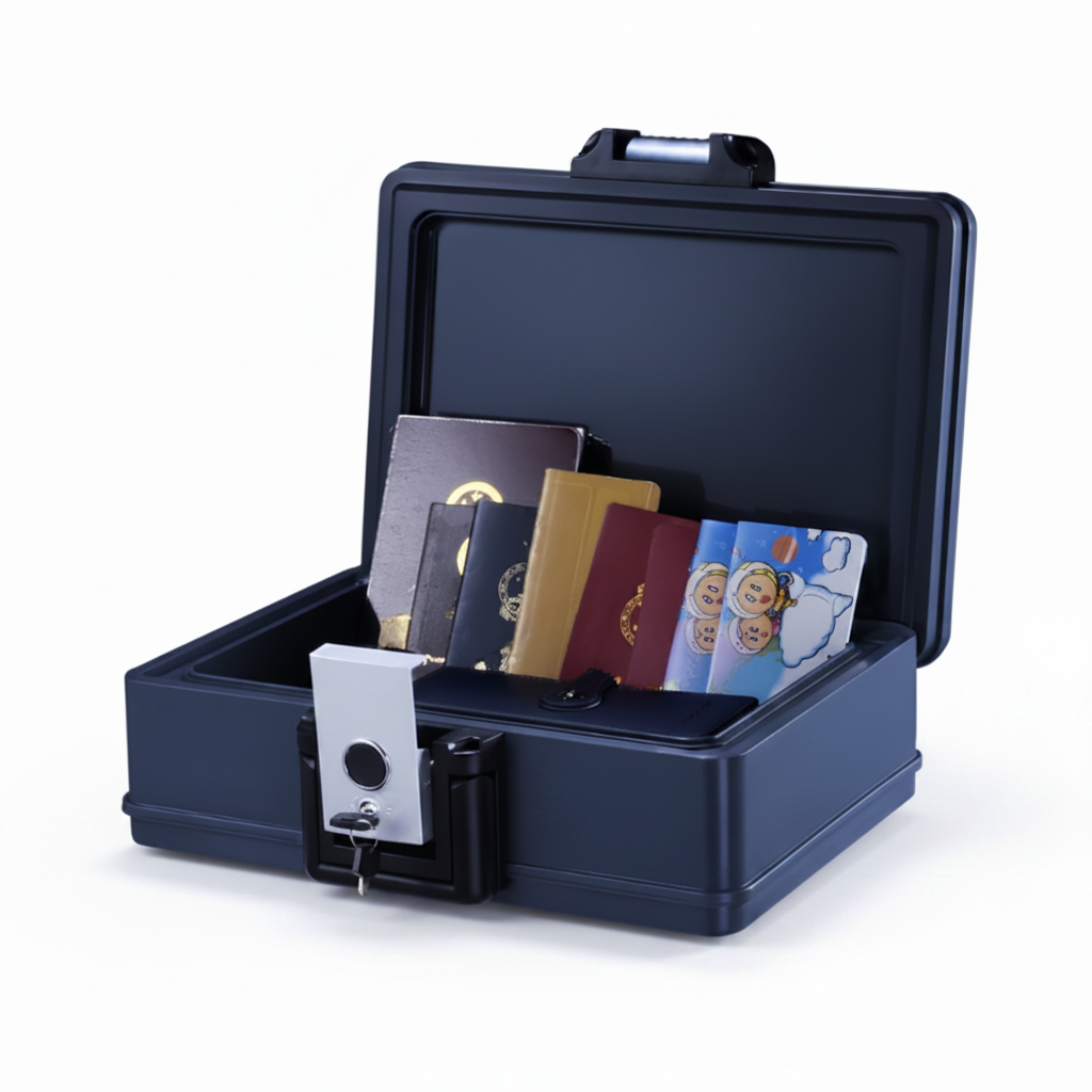 Cassaforte portatile aperta con carte di credito all'interno
