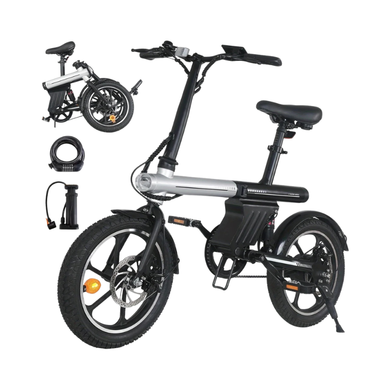 Bici elettrica pieghevole 16'' batteria 36V 12,8Ah, autonomia fino a 60 km, 3 modalità, sella regolabile.