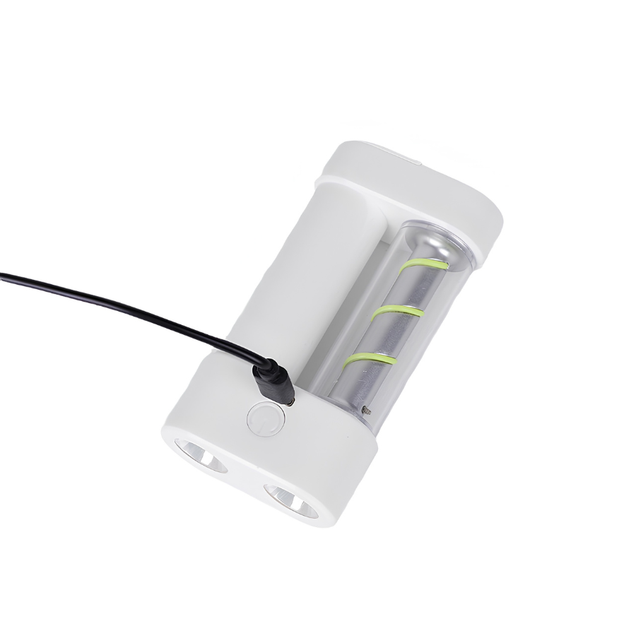 Luce da campeggio USB 5W in ABS bianco, batteria 18650, luci LED doppie, cavo e manuale.