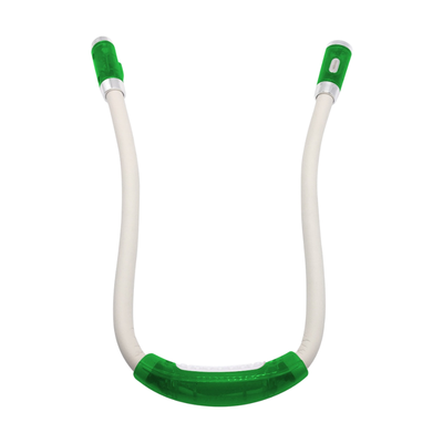 Lampada LED portatile da collo, design a U flessibile con cappucci verdi, ideale per lettura e lavoro.
