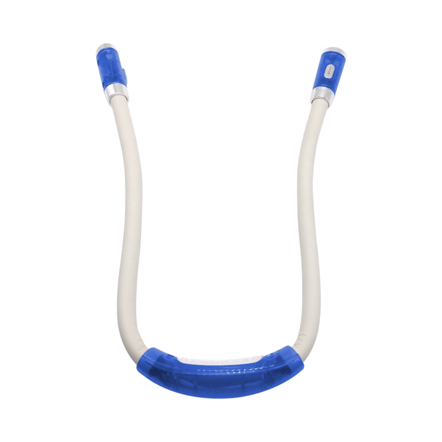 Luce LED portatile da collo a U, estremità blu, ideale per lettura e lavoro.