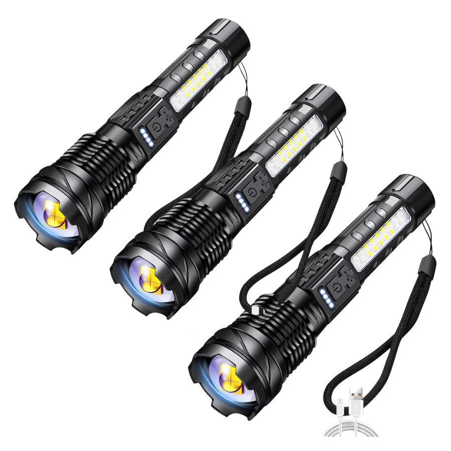 Torcia LED impermeabile in lega di alluminio, ricaricabile 5000 mAh, per immersioni, trekking, campeggio, difesa, 3pz.