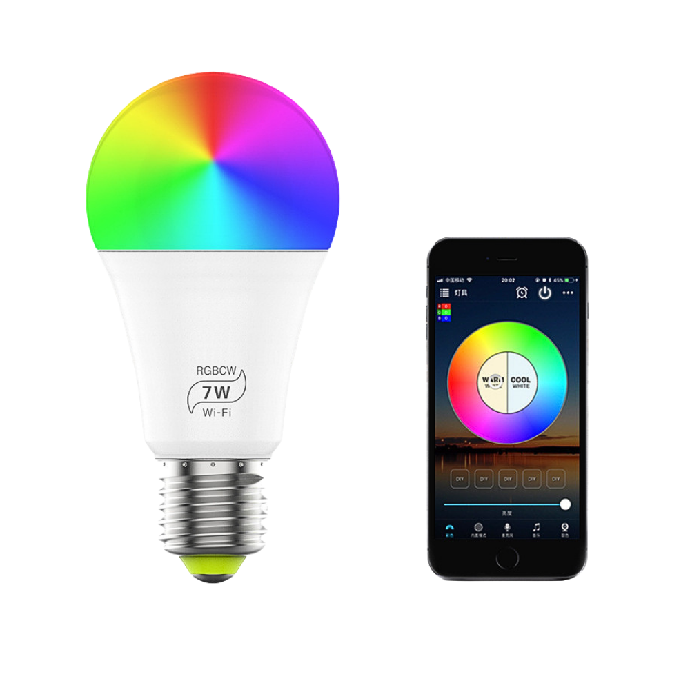 Lampadina LED smart Wi‑Fi RGB da 7W, 100–264V, 500 lm, 120°; compatibile con Alexa/Google e app di controllo colore.