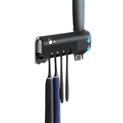 Sterilizzatore UV intelligente per spazzolini con spremi dentifricio automatico e porta-spazzolini, design elegante, di colore nero.